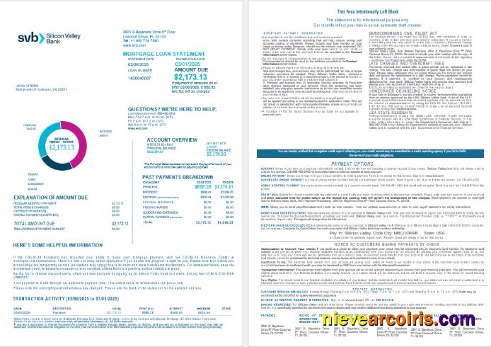 USA Florida Silicon Valley bank mortgage loan statement, 4 pages 1-2